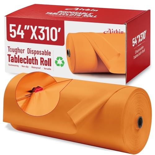 Image of Plastic Table Cloth, 310 Ft X 54 in Disposable Tablecloth Orange Tablecloth Premium PEVA Plastic Table Cloth Disposable with Any Cut Sliding Cutters for Picnics, Parties, Birthdays, Festivals