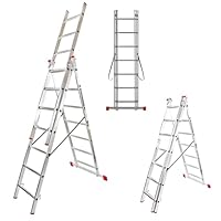 Hillagi 3x7 Mehrzweckleiter, Vielzweckleiter, 3x7 Sprossen, 3-teilige Alu-Kombileiter, bis 150 kg belastbar, max. Arbeitshöhe 4,3 m, Klappleiter, Multifunktionsleiter, Stehleiter, Silber/Rot