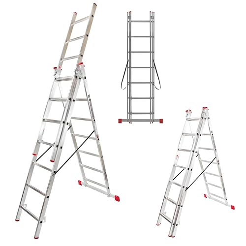 Hillagi 3x7 Mehrzweckleiter, Vielzweckleiter, 3x7 Sprossen, 3-teilige Alu-Kombileiter, bis 150 kg belastbar, max. Arbeitshöhe 4,3 m, Klappleiter, Multifunktionsleiter, Stehleiter, Silber/Rot