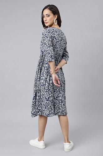 Image of Janasya Women's Cotton Floral Print Angrakha Dress