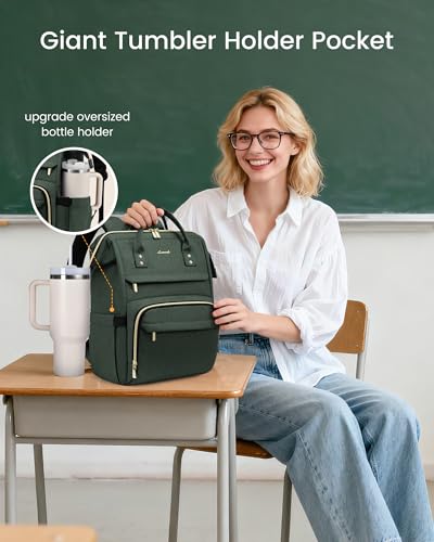 Image of LOVEVOOK Laptop Backpack for Women with Giant Tumbler Holder Pocket,18 inch Waterproof Travel Backpack Purse Computer Laptop Bag,Professional Work College Nurse Teacher Backpack Daypack,Dark Green