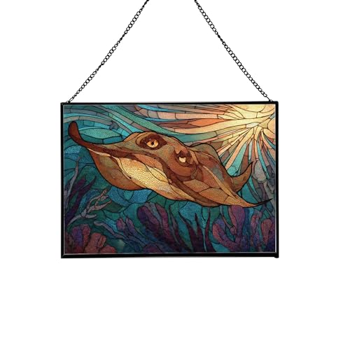 Electric ray Ocean Animal Stained Glass Suncatcher – Rectangular Hanging Window Panel with Underwater Scene – Glass Art Gift for Coastal Decor and Sea Lovers, Christmas, Halloween 9INGoA
