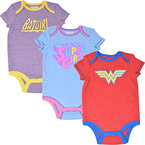 DC Comics Baby Girls 3 Pack Bodysuits: Vintage Wonder Woman Batgirl Supergirl 0-3 Months