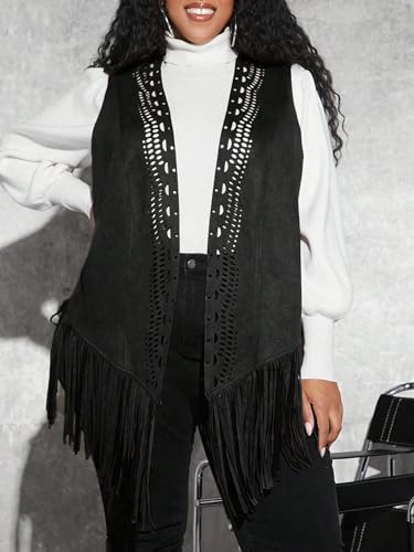 WDIRARA Women's Plus Fringe Sleeveless Vest Fringe Tassel Faux Suede Open Front 70S Hippie Jacket Cardigan3