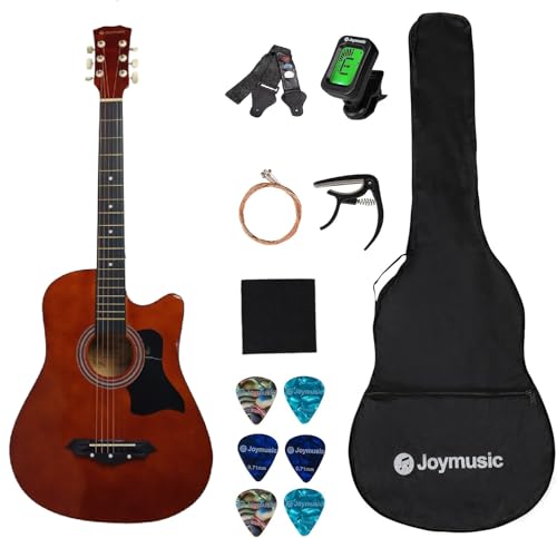 Joymusic - Kit de guitarra acústica para principiantes (96,5 cm), color café, con correa con soporte...