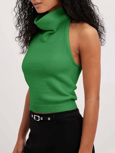 Image of Langwyqu Womens Turtleneck Sweater Vests Sleeveless Knit Halter Tank Tops Sexy Loose Cami Shirts