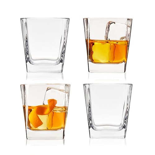 TRUE Square Rocks Glass, Old Fashioned Whiskey Glasses, Superb Drinking Cups for Cocktail Party, Home Bar, Bartender Accessories, Set of 4, 10 oz