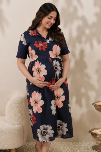 Image of ZELENA Rayon Lapel Neck Zipless Maternity Feeding Dress | Soft 100% rayon dress featuring a lapel neck, button-down zipless nursing , and half sleeves