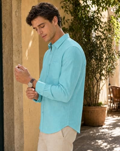 Image of Nobero Breezy Premium Linen Cotton Shirt for Men | Stylish Casual Shirts for Men | Semi Cut Collar | Box Pleat | Curved Hem | Regular Fit | Full Sleeve | S-XXXL
