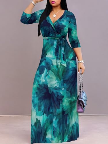 Image of Plus Size Maxi Dress for Women V Neck 3 /4 Sleeve Wrap Dress