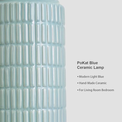 Image of PoKat 23 inch Light Blue Table Lamps Set of 2, Modern Bedside Lamps for Bedroom, Coastal Ceramic End Table Lamps for Living Room, Ocean Nightstand New Home Decor Lamps
