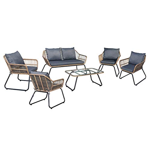Dukap Lugano 6 Piece Patio Seating Set With Cushions, Outdoor Conversation Seats With Weather And Water Resistance | Natural Frame Color With Black Legs And Grey Cushioned Porch Furnitures #TOP6