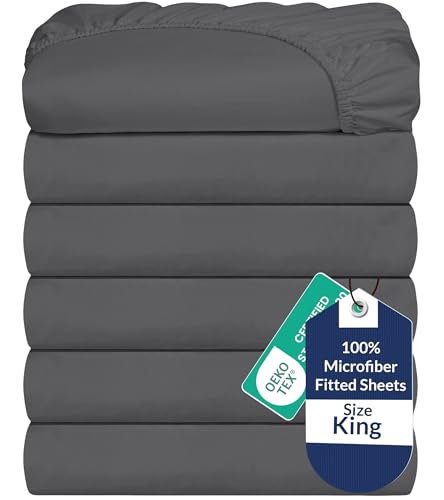 Image of Royale Linens 6 Pack King Fitted Sheet Set - Bottom Sheet - Ultra Soft & Breathable - Brushed 1800 Microfiber - Wrinkle & Stain Resistant - Hotel Quality Deep Pocket Stretches Up to 16 inch (King, Grey)