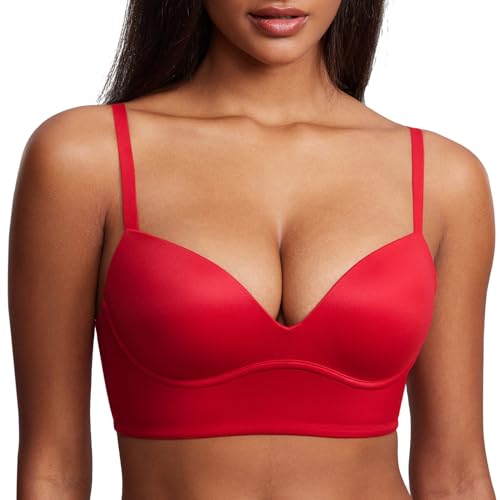 Image of DOBREVA Women's Push Up Wireless Bra Padded T Shirt Bras No Underwire Plunge Bralette