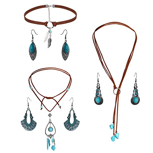 Miayon Turquoise Necklace Earrings Set Bohemian Long Suede Choker with Turquoise and Leaves Pendant Vintage Turquoise Dangle Earrings for Women and Girl