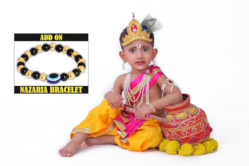 Image of Krishna Dress for Kids, Baby Krishna Dress for Janmashtami with Krishna Mukut, Peacock Feather & Flute Embroidered Krishna Costume for Girl & Boy, 3 Months-8 Years