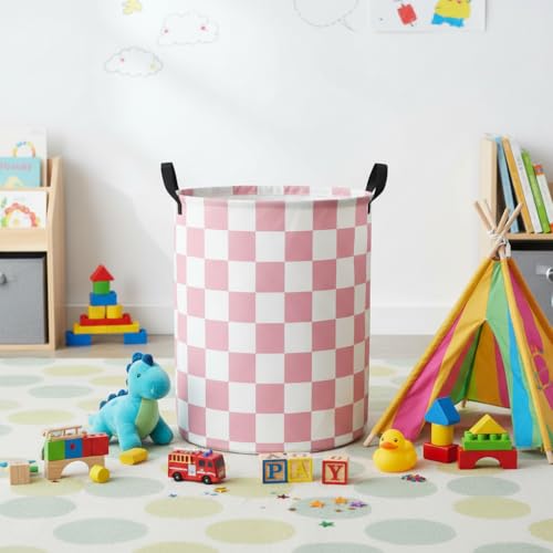 Image of Baby Laundry Hamper Basket Baby Hamper for Nursery Boy and Girl Cute Storage Bin Organizer Boho Room Decor(Pink Checkered)