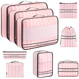 9 Set Packing Cubes Luggage Packing Organizers for Travel Accessories Space Saving Travel Bags for Carry On, Lightweight Mesh Zipper, Clothes, Shoes and Laundry Bag, Suitcases (Pink Streak)