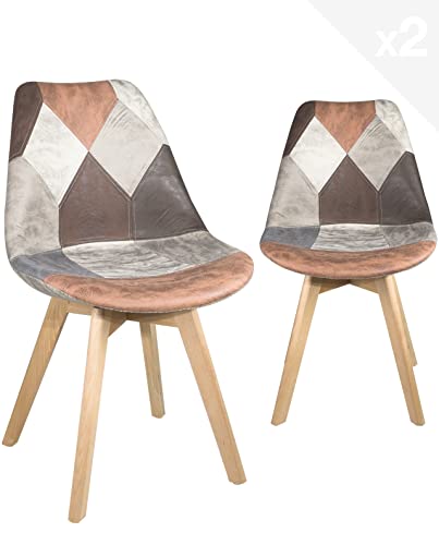 KAYELLES Lot de 2 chaises rembourrées Patchwork Similicuir Style scandinave Pieds Bois Lao (Marron) Cover