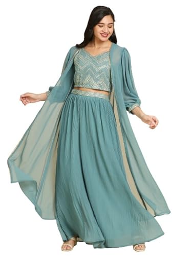 Image of madhuram Women's Georgette Lehenga and Choli with Long Shrug Set for Solid with Heavy Embroidery Work Set(M-2410) (Green, M)