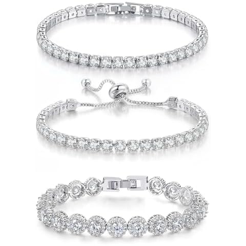 3 Pcs Tennis Bracelet Set White Gold Plated 5mm Round Cubic Zirconia CZ Diamond Dainty Adjustable Rhinestone Sterling Silver Bracelets for Women Stackable Fashion Wedding Prom Gift (3PCS Silver Bracelets Set-A) Cover