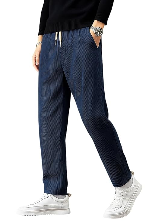 Image of BLUECORP ENTERPRISE Men's White Corduroy Casual Pants, Straight Leg, Drawstring Waist, Pockets