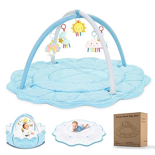 Image of Gimars Extra Large Plush Baby Play Gym, Stage-Based Developmental Baby Activity Mat, Washable Baby Play Gym Mat for Baby Tummy Time for Newborn, Infant, Blue（Toys Not Included）