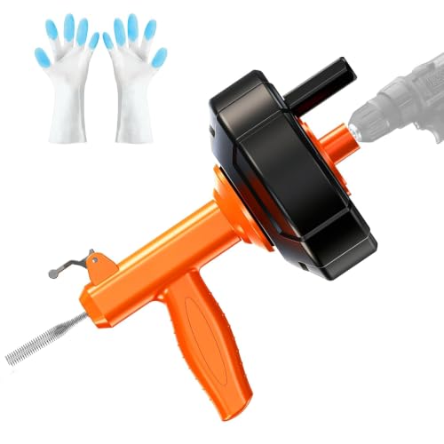 Drain Snake, Auto Feed Drain Auger with Drill Attachment, 25 Feet Plumbing Snake Flexible Hair Drain Clog Remover for Kitchen, Bathrom and Shower Sink with Gloves