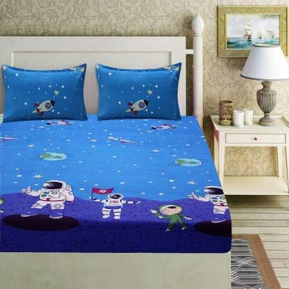 MOSHO 180 TC Glace Cotton Astronaut in Space Cartoon BedSheet for Kids 1