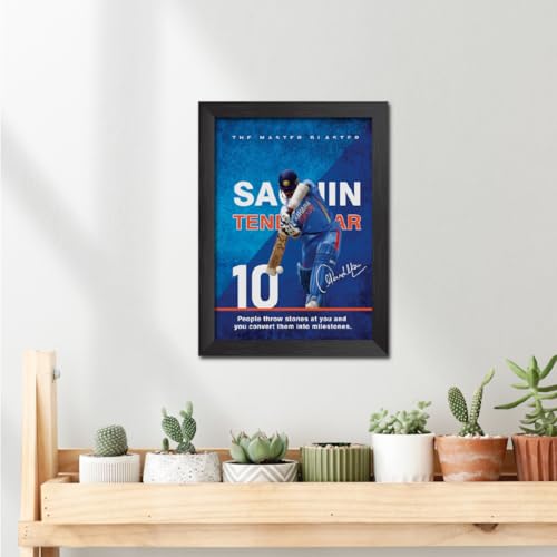 Image of TenorArts Sachin Tendulkar Poster with Quotes Indian Legend Cricket Player Photo Frame Painting with Matt Finish Black Textures (12 inches x 9inches)
