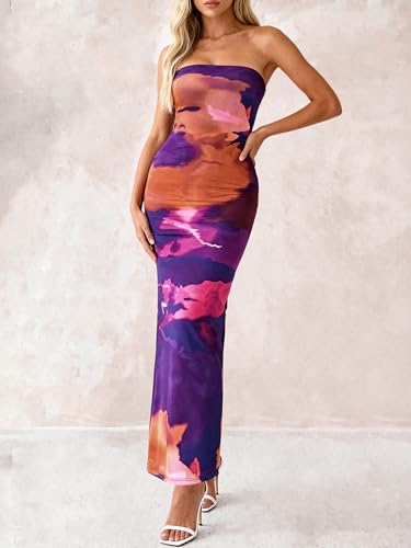 Image of PRETTYGARDEN Women Summer Strapless Maxi Dress Bodycon Floral Sexy Long Wedding Guest Dress Formal Tube Mesh Cocktail Dresses