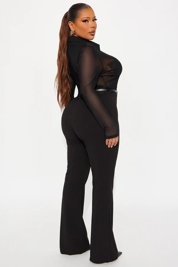 Womens Sexy Jumpsuit Long Sleeve Mesh Lapel Shirts Top Flared Pants Sexy Club Party Jumpsuit - Image 5