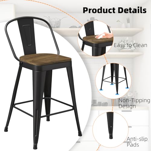 Butacos de Barra de 26 Pulgadas, Juego de 2 Unidades, con Espaldar Alto y Asiento de Madera, Butacos Industriales de Metal para Isla de Cocina (Negro Mate) miniatura 3