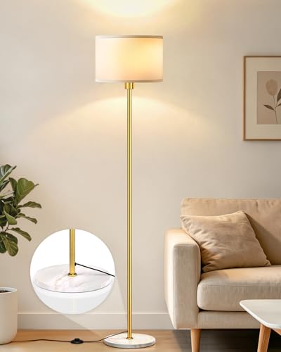 Anrikey 63 Gold Floor Lamps for Living Room Stable Standing Lamp with Marble Base Tall Pole Light with White Linen Shade Modern Floor Lamp for Bedroom Reading Office Corner Nursery Bulb Included