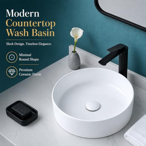 Image of QUALITO White Table Top Wash Basin for Bathroom, Living Room, Hall, Dinning Room | Countertop /Over Counter Ceramic Vessel Sink /Basin | Glossy Finish Table Top Wash Basin (White, 15x15x5 Inch)