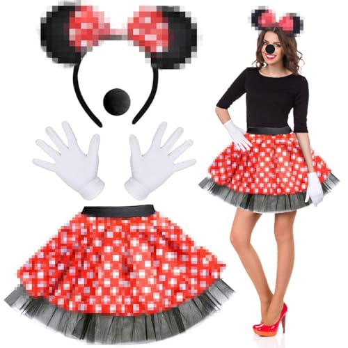 LGZIN Deguisement Mouse Femme, Costume de Mouse pour Femme, Mouses Tutu Rouge, Bandeau, Gants Blancs, Nez Noir, Costume Mouses Cosplay pour Halloween Carnaval...