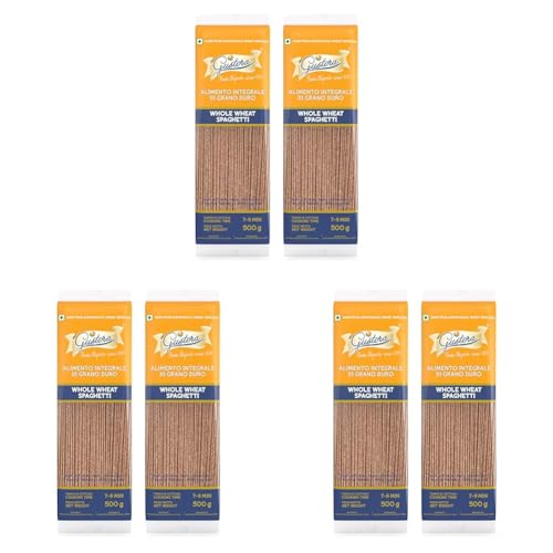 Image of Gustora Whole Wheat Spaghetti Pasta, 1kg (Pack of 6 x 500g) | Authentic, Long Italian Pasta with Al Dente Texture | 100% Durum Whole Wheat Semolina | Zero Maida | High Fibre | Vegetarian