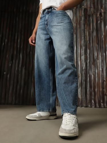 Image of High Star Men Cotton Washed Loose Fit Casual Mid-Rise Jeans