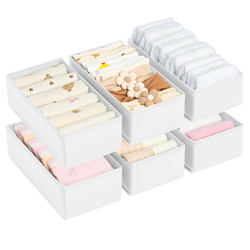 DIMJ Drawer Organizer Clothes - Underwear Organizer Small Sock Organizer Box Dresser Organizer,Drawer Dividers for Baby Clothes,Bra,Socks, Belt, Tie, Set of 6,White