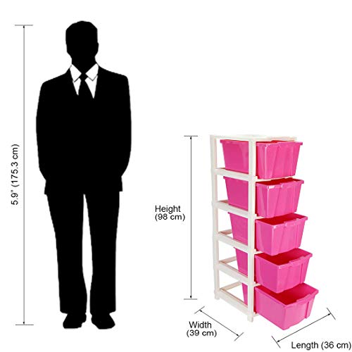 Image of Joyful Studio 5 Xl Plastic modular Drawer System for Home, Office, Hospital, Parlor, School, Doctors, Home and Kids, Colour Pink, Product Dimension when assembeled (31cmx39cmx98 cm)