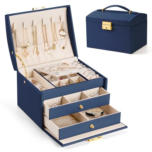 Aidodo Schmuckkästchen 3 Ebenen, Schmuckkasten mit 2 Schubladen, PU Leder, Schmuckaufbewahrung für Ringe, Ohrringe, Halsketten und Uhren, Schmuckschatulle mit Schloss und Schlüssel