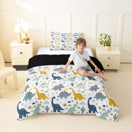 Image of Feelyou Dinosaur Kids Comforter Set Toddler Size 3D Dino Print Bedding Set Jungle Dino Duvet Quilt for Kids Boys Girls Bedroom Wild Animal Decor Microfiber Ultra Soft Breathable