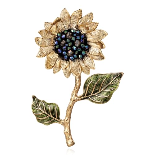 Image of Sunflower Brooch pin with hand beading, She's Free Style Just For You Flower Oil Dropping Brooches for women, Metal Plating Process Safety pins with Nail Bead Crystal