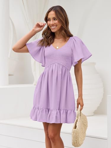 Image of LILLUSORY Women's Flowy Casual Mini Dresses 2026 Summer Graduation Smocked V Neck Vacation Dress Dress with Pockets