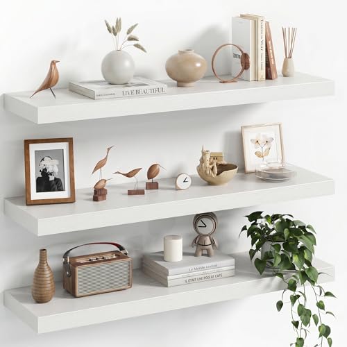 Image of Fun Memories 30Inch Floating Shelves for Wall, 8 Inch Deep Shelves for Bathroom|Bedroom|Kitchen Wall Mounted, Wood Hanging Shelf with Invisible Brackets for Home Storage Decor, White - 3 Pack
