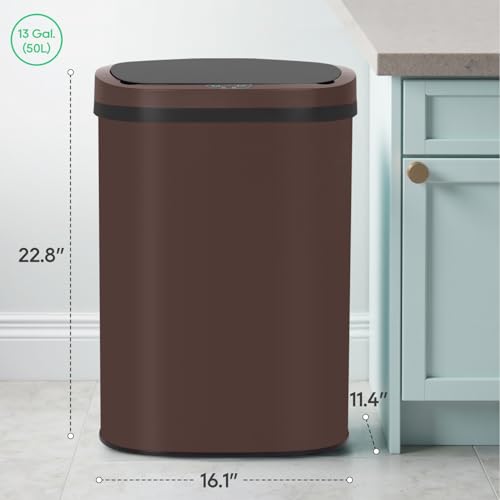 Image of BestOffice | 13 Gallon Stainless Steel Trash Can with Lid | Brown | Automatic Touchless Garbage Can | Odor Control | Modern Oval Design | Easy to Clean | Fits Any Kitchen, Bathroom, Office or Home