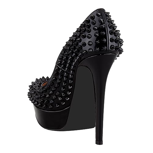 FSJ Women Classic High Stiletto Heel Rivets Platform Pumps Closed Round Toe Slip On Studded Sexy Work Party Wedding Dress Shoes Size 4-16 US3