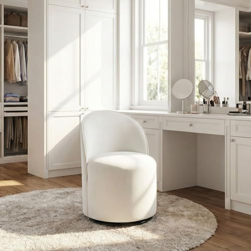 Image of HNY Upholstered Kitchen & Dining Room Barrel Chair, Mid Century Modern Round Velvet Dining Chair, 360 Degree Swivel Comfy Armless Accent Makeup Vanity Side Chair for Bedroom Living Room, White