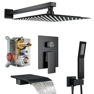Shower System with Tub Spout, Wall Mounted Shower Faucet Set for Bathroom with 12 Inch Rain Shower Head and Handheld Shower Head Set, Matte Black