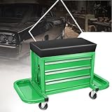 PM PERFORMOTOR 3-Drawer Tool Chest Rolling Mechanic Seat with Tool Trays,350lbs Max Weight Capacity, Green,PM-TOL-RST1-GR